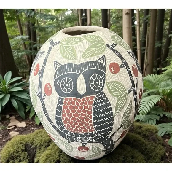 Mata Ortiz Pottery Olla Vase Jonathan Villa‎ Owl Owls Folk Art Mexican Ceramic